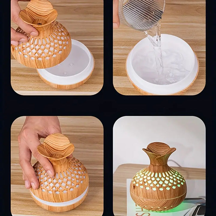 Nawilżacz powietrza do aromaterapii z dyfuzorem LED w drewnianym wykończeniu i lampką nocną