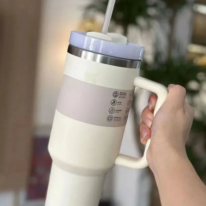 Izolowany Kubek Podróżny ze Stali Nierdzewnej – 40 oz Duży Kubek z Uchem, Szczelną Pokrywką i Słomką