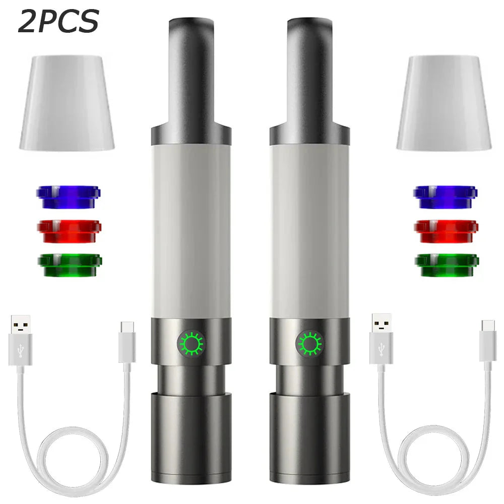 Latarka LED z wielokolorowymi filtrami – Ładowalna latarka USB-C z funkcją kempingową i awaryjną