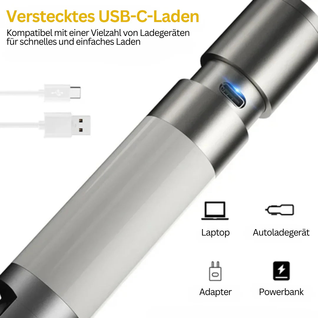Latarka LED z wielokolorowymi filtrami – Ładowalna latarka USB-C z funkcją kempingową i awaryjną