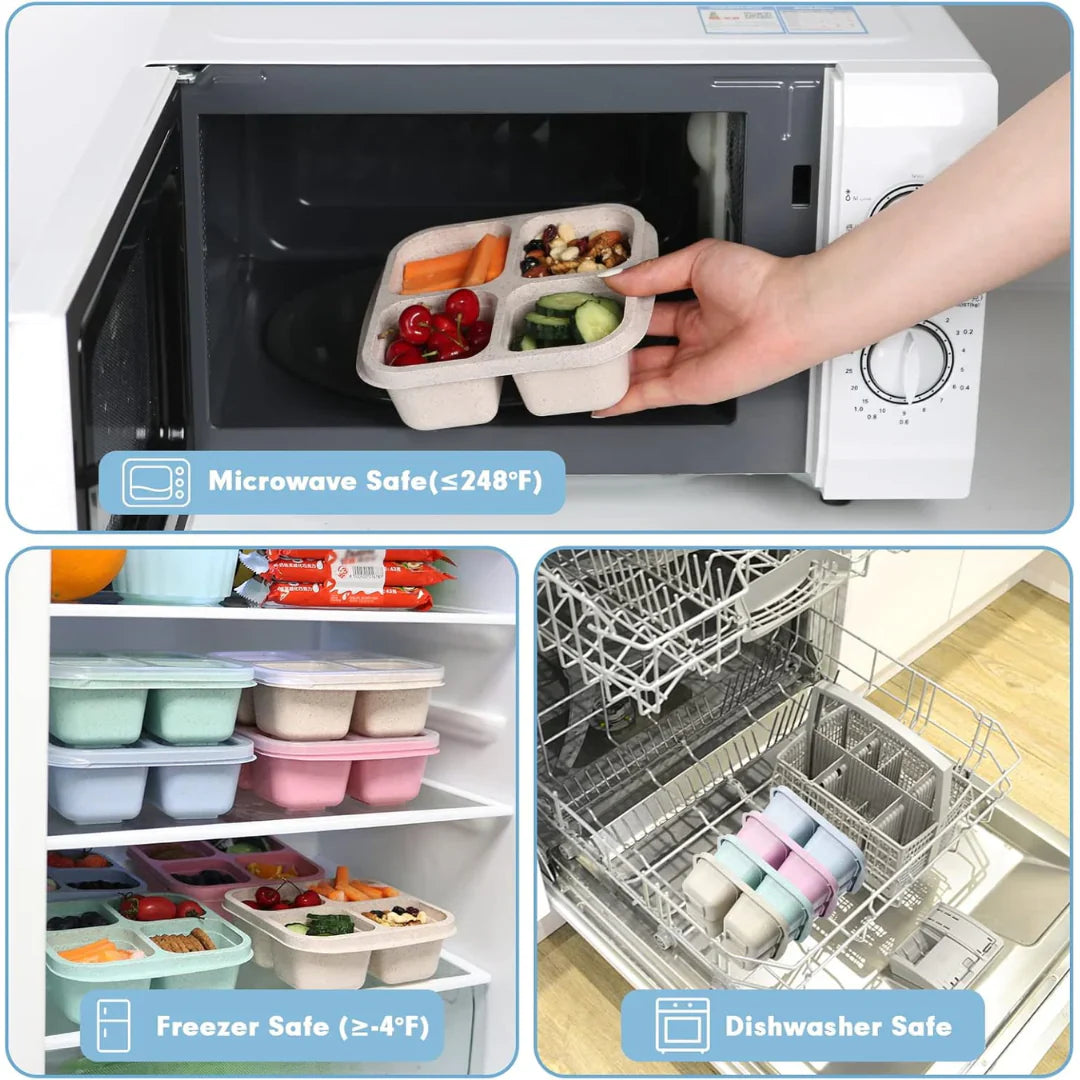 Pojemniki na posiłki w stylu Bento z 4 przegrodami w zestawie 4 sztuk – Trwałe i Praktyczne