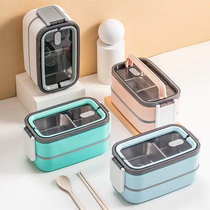 Dwuwarstwowy Bento Lunchbox ze Stali Nierdzewnej z Pokrywką